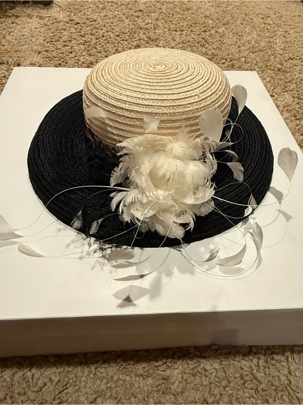 Black & Cream Straw Hat with Lace and Floral Feather Detail